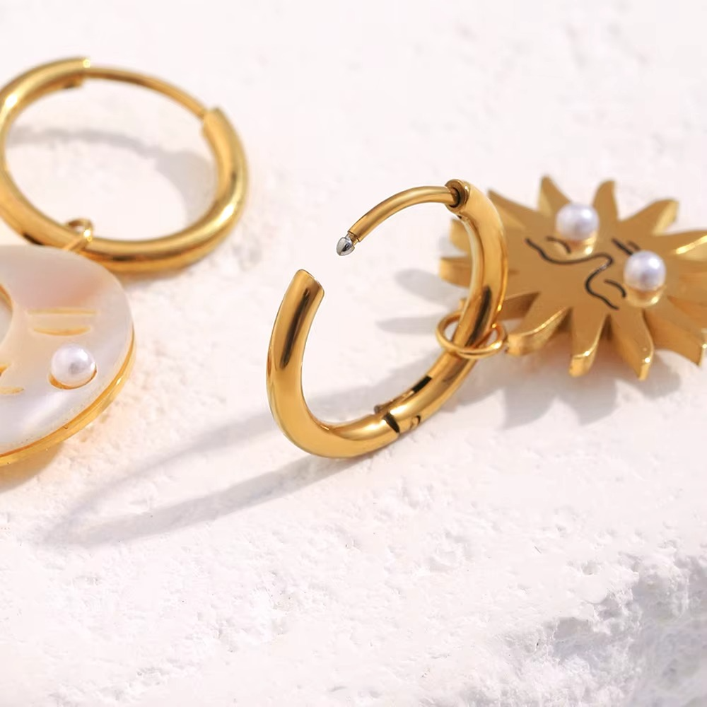 Sun & Moon Pearl Drop Earrings 18K Gold-Plated Stainless Steel | Elegant & Waterproof Jewellery